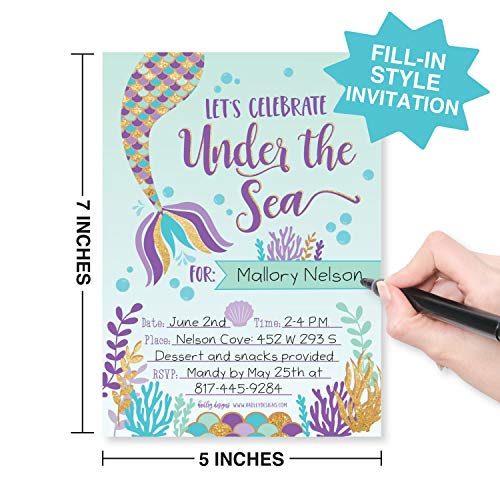 Image of Hadley Designs Kids Birthday Invitations Girl Mermaid Theme - 25 Mermaid Birthday Party Invitations For Girls, Under the Sea Invites For Girls, Cute Party Supplies, Made in USA