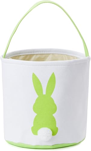 Miniatura 5 de Cesta de conejo de Pascua, cesta de caza de huevos para niños, cesta de lona con estampado de conejo con cola esponjosa, cesta de huevo de caramelo,
