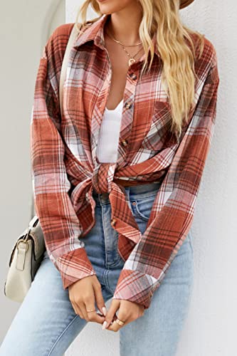 Image of CHYRII Womens Button Down Flannel Shirts Long Sleeve Plaid Shackets Business Casual Blouse Top