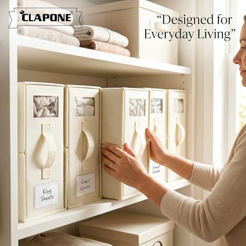 Image of CLAPONE Bedsheet Organizer Storage Box, Foldable Clothes Storage Container, Non-Woven Closet Organizer for Bedding, Blankets, Comforters & Underbed Storage (Off-White, Pack Of 4 Bedsheet Cover)