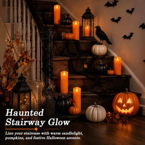 Image of Homemory Orange Halloween Flameless Candles, Remote Timer, 9 Pack | Battery operated LED pillar candles, remote timer, Halloween candles, fall decor, harvest, Thanksgiving, mantel, lanterns