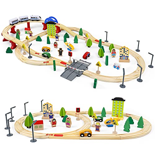 Fajiabao Circuit Voiture Enfant Train Jouets en Bois,93 Piéces Jeu de Construction en Bois avec 4 Voiture en Bois,1 Train Électrique Magnétique Jeux Enfants 3 4 5 Ans Fille Garçon Cadeau