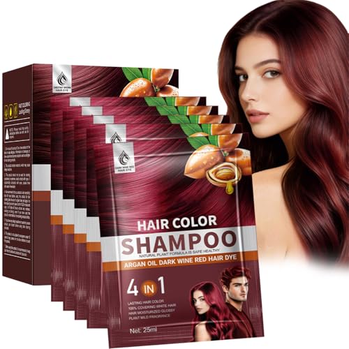 Virecose Champú Colorante Rojo Vino con Aceite de Argán, 10 Sobres x 25 ml, Hair Dye Shampoo 3 en 1, Champu Tinte Canas, Champú de Color Tinte Pelo, Pelo instantáneo para Mujer Hombre