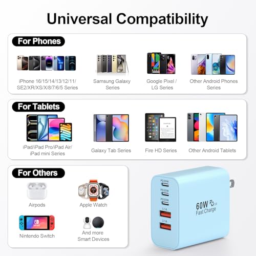 Image of USB C Charger Block, 60W 5-Port Type C Charger Fast Charging Blocks | USBC Multiple Port Wall Charger Plug for iPhone 17 /16 /15 /14 /13 /12 /11 Pro Max, Samsung Galaxy, Android Phone, iPad, Blue