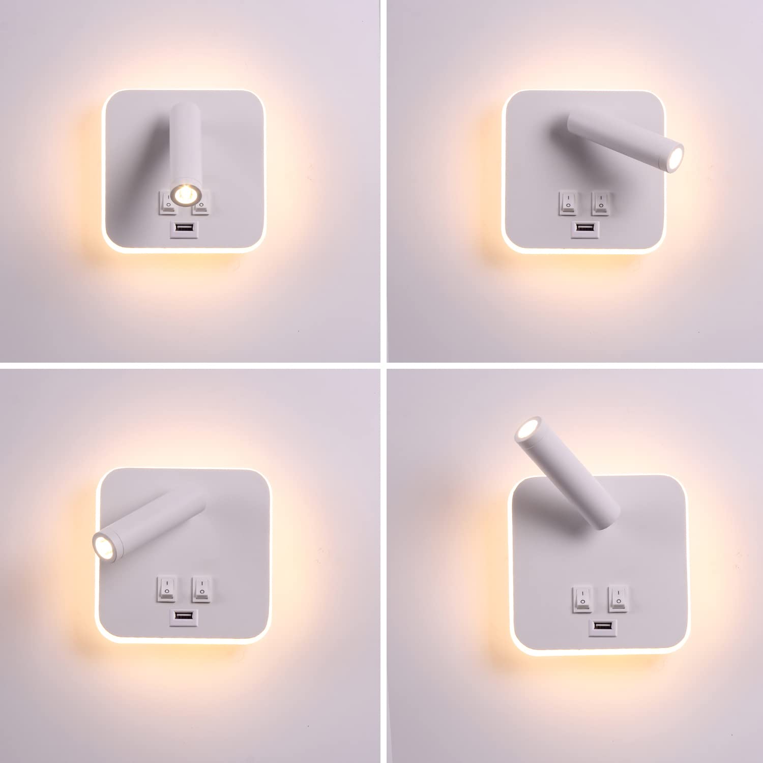 Bañador de pared Dormitorio Interruptor volvible Puerto de carga USB apliques de lectura de pared cama Iluminación de Pared cabecera 360 gradosgiratoria Blanco Cálido 3000K (3W + 10W)