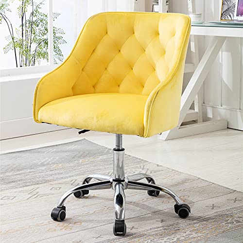 Goujxcy Desk Chair,Modern Velvet Fabric Office Chair,360° Swivel Height Adjustable Comfy Upholstered Tufted Accent Chair (Yellow) #TOP3