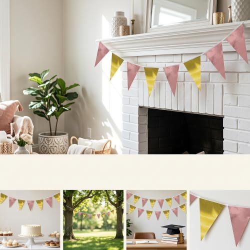 Image of 130FT Matte Rosegold LightGold Triangle Pennant Banner Flag Metallic Fabric Bunting Garland for Christmas Graduation Wedding Anniversary Bachelorette Birthday Bridal Shower Valentines Party Supplies