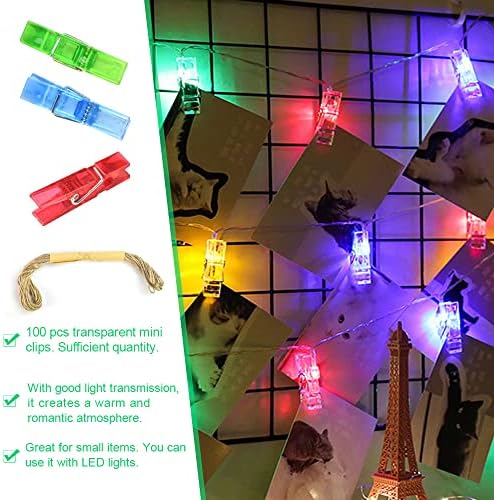TANCUDER Mini Pegs for Photos,100 PCS Small Pegs Plastic Photo Paper Clips Small Clothespins Coloured Tiny Pegs Laundry Clothes Pegs with 10M Jute Twine String for Hanging Photos DIY Craft Decoration