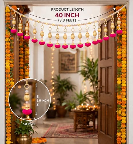 Image of Rajasthan Kraft Handcrafted Door Toran with Gota Ball, Beads & Mirror (40 Inch) - Adds Festive Charm to Your Home, Perfect for Home & Festive Decor and Housewarming Gifts (T0034)