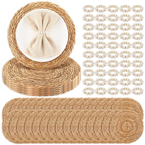 Image of 30 Pcs Cattail Round Woven Placemats Set, Cattail Placemats with Pearl Napkin Rings Boho Farmhouse Rustic Woven Chargers Natural Mat Bulk for Wedding Party, Dinner Table (13 Inch)