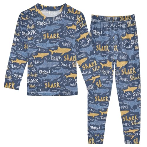 Cartoon Shark Creative Pattern Cute Pajama Sets Long Sleeve Top and Pants, Snug Fit Sleepwear for Night Wears
