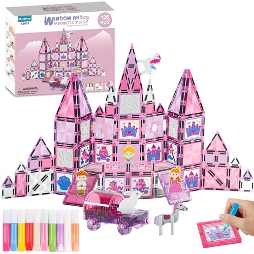 NAPIDA - 126 pcs Princess Castle Magnetic tiles for kids With 16 DIY Magnatiles - 10 Coloring Pens - 6 cartoon characters - A Car Trolly - STEM Magnetic Building Blocks Toys for kids Creativity