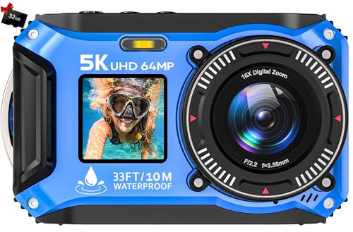 5K Underwater Camera 33FT Waterproof Camera for Snorkeling with 32GB Card Dual-Screen 64MP Compact...