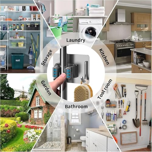 Image of Kmils Self Adhesive Mop Holder Wall Mount, Stainless Steel Broom Holder with Hook, No Drill Wall Organizer for Mop, Broom, Bathroom, Kitchen & Laundry Room (Silver, Pack of 4)