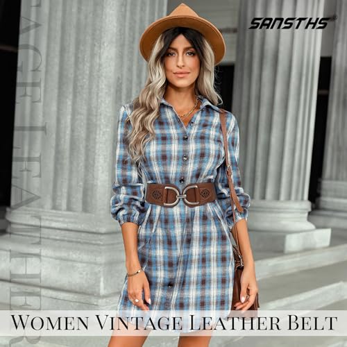 SANSTHS Vintage Women Stretchy Wide Belt Chunky Buckle Elastic Wide Waist Belts for Dresses Coats