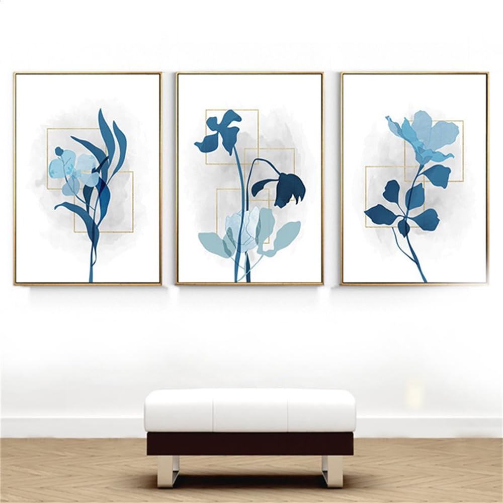 WBYZAC Art Prints-Abstract Blue Flower Canvas Painting Modern Poster and Prints Nordic Wall Art Pictures for Living Room Kitchen Office Home Decor-50 * 70cm*3PCS (No Frame)