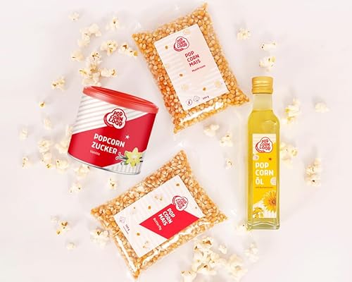 Popcornloop Zutaten Set mit Butterfly & Mushroom Mais je 500g,Popcornzucker Vanille 300g und Popcornöl 250ml für Popcorn Zuhause Popcornmaschine