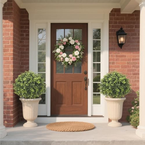 Set of 2 Artificial Boxwood Topiary Ball Trees for Outdoor with Ground Spike 29.5", UV Resistant Faux Greenery Shrubs, Fake Plants for Garden, Porch, Patio Valentine's Day Decor