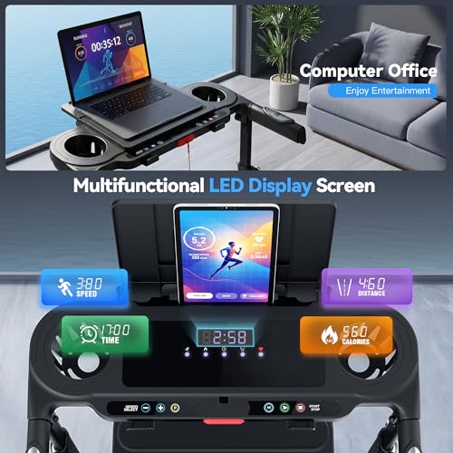 Image of Treadmill with Desk Workstation & Adjustable Height, 450 lbs Weight Capacity, Folding Incline Treadmill with Handle Bar, Portable Ultra-Quiet 3.5HP Walking Pad Treadmill with Desktop for Home Office