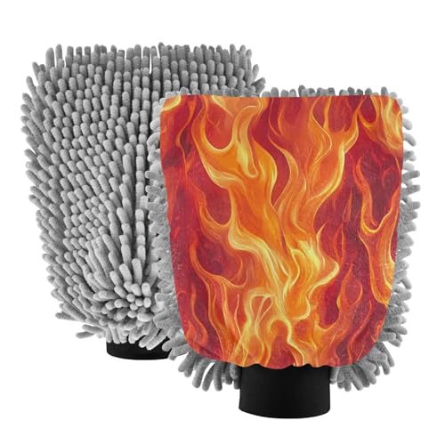 STAYTOP Orange Fire Car Wash Mitt Microfiber, 2Pcs Scratch Free Lint-Free, Premium Chenille Microfiber Mitt Car Wash Brush-L
