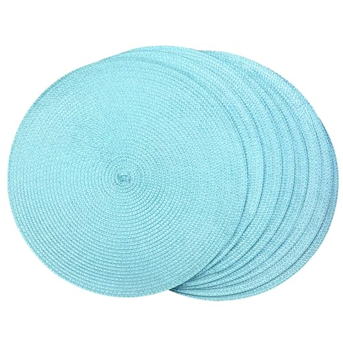 Juego de 8 manteles individuales redondos de plástico trenzado, 38 cm, elegantes y prácticos, color verde oscuro (azul polvo)