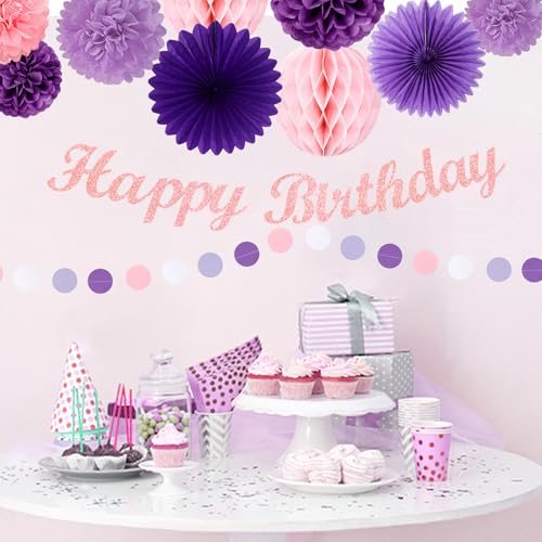 Image of Purple Pink Birthday Party-Decorations Paper-Flowers - 14pcs Happy Banner Lavender Lanterns Tissue Pom Poms,Lilac Streamers Garland Fans Honeycomb,Women Girls Adult Kids Hanging Supplies Decor Hugfond