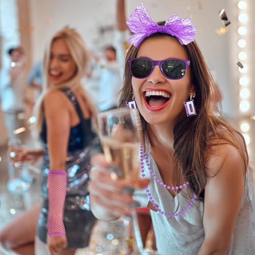 DONGZQAN 19PCS 80s Fancy Dress for Women, 80s Accessories for Women, 1980s Outfits for Women with Tape Earrings Necklace Bracelet Mesh Sleeve 80s Retro Theme Party Decoration(Purple) - Image 5