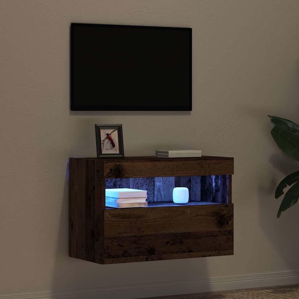 vidaXL Mueble de TV Montado en la Pared con LED Madera Envejecida, Almacenamiento para Sala, Mueble Moderno Pared, TV Rectangular, Iluminación Dinámica, Solución Compacta