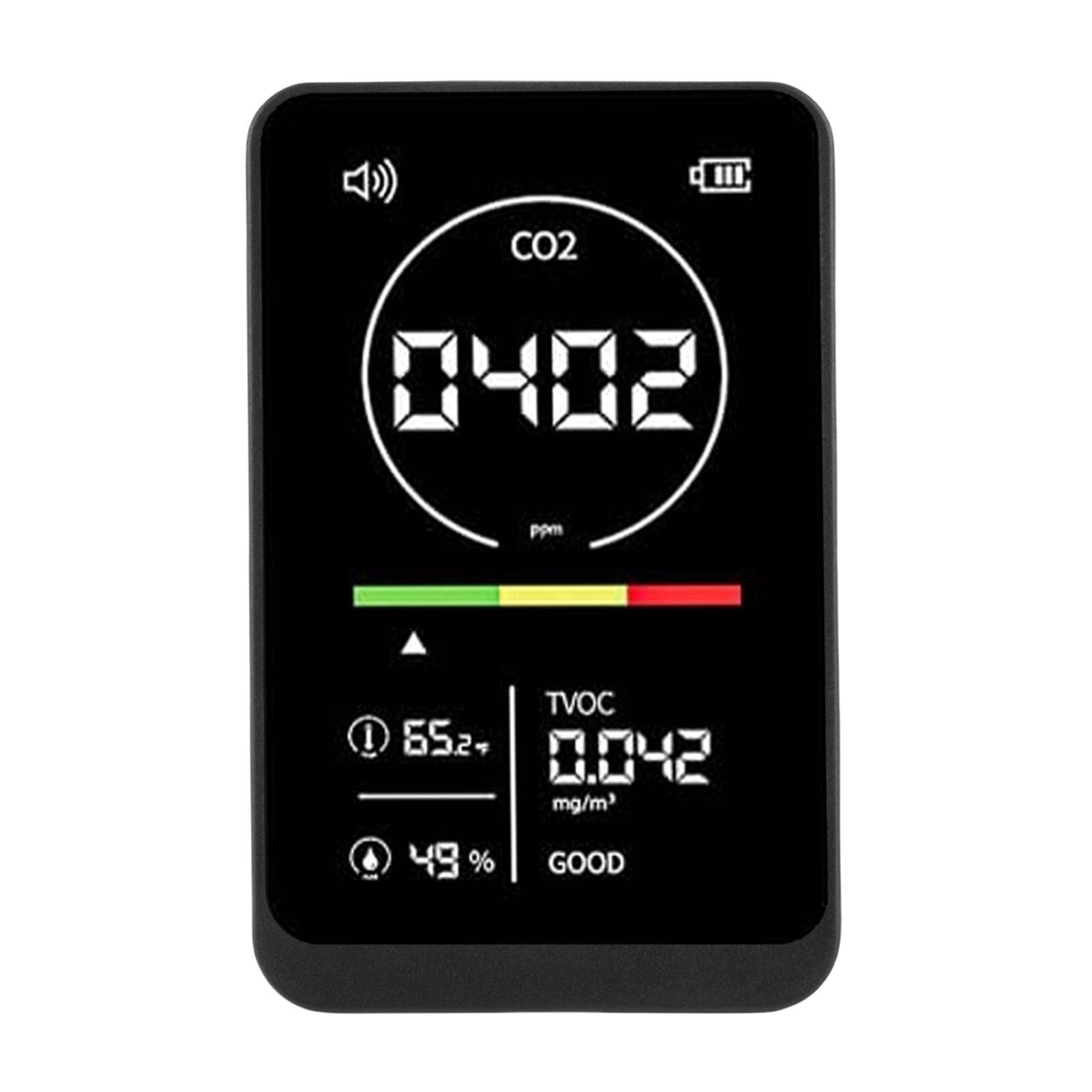 Eujgoov CO2, TVOC, Temperatura, Detector de Humedad con Pantalla de Pantalla y Recordatorio de Sonido para Invernadero Casero, Automóvil, 4 en 1 Probador de Calidad del Aire