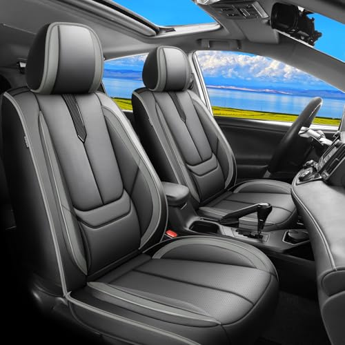 Image of Fit RAV4 Car Seat Covers for Toyota RAV4 2013-2018 LE,XLE,SE,Hybrid,Premium, Limited - Upgraded Premium Waterproof & Breathable Leather,All-Weather Seat Cushion Protector(Full Set, Black-Grey)