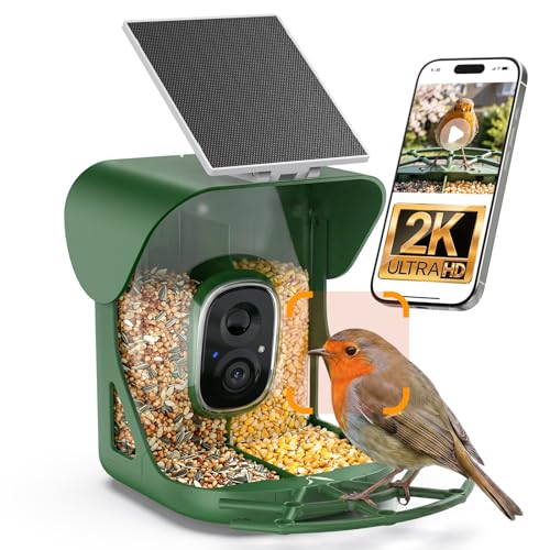 Smart Bird Feeder Camera AI Identify Birds Species 2K HD Color Night Vision IP65 Waterproof Solar Powered Bird Feeder with 142 Wide Angle Auto Capture & Real-Time Notifications