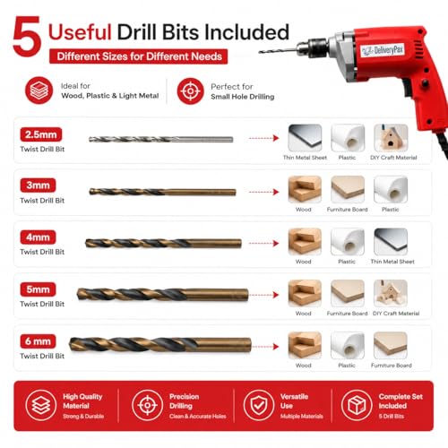 Image of Delivery Pax 450W Electric Drill for Home Use | Corded Drill for Wood & Light DIY Work | Includes 5 Drill Bits | Drill Machine for home use