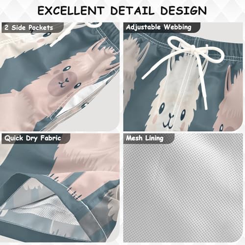 Boys Beach Board Shorts Cute Alpaca Sheep Cartoon Swim Trunk Teen Swimwear 8-16Y Multicolor3