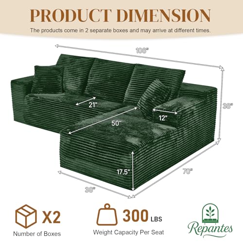 Image of 108 inch L Shaped Boneless Sectional Couches for Living Room, Comfy Corduroy Floor Cloud Sofa with Chaise, Wide Armrest, Deep Seat, Memory Foam, Assembly Free, Ideal for Small Spaces, Green