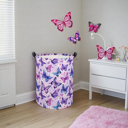 Image of Baby Laundry Basket Baby Hamper for Nursery Girl Kids Butterfly Hamper Cute Kids Storage Bin Organizer Room Decor for Home(Purple Butterfly)
