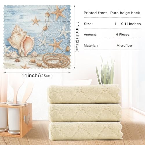 Image of Cotton Kitchen Dish Cloths, Starfish Seashell Tropical Beach Ultra Soft Absorbent Quick Drying Dish Towels, 11 x 11 Inches, 6-Pack, Reusable Cleaning Cloths