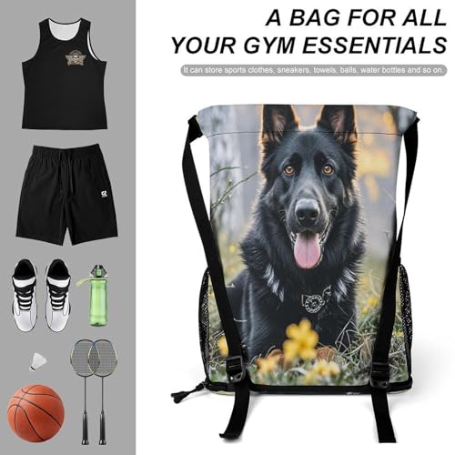 Black German Shepherd Dog Drawstring Backpack with Shoe Compartment Swim Gym Bag Water-Resistant Backpack for Gym Sports Travel And Daily Use3