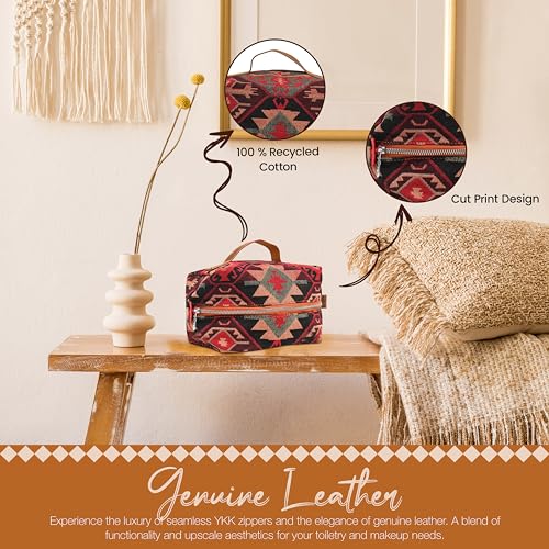 Cosmetic Handbag Makeup Organizer Purse Travel Toiletry Zipper Pouch for Women Red Boho Cotton Case (Red Boho)4