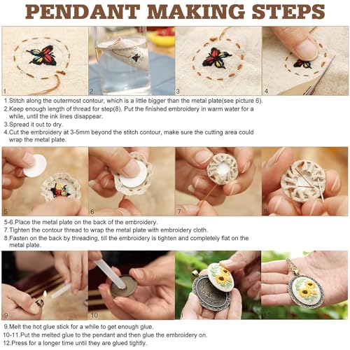 Image of ZOCONE New 4 Packs Embroidery Necklace Kits, Embroidery Pendant Kit Mini Cross Stitch Kit with Hoop, Necklace, Pendant, Stamped Pattern Cloth, Instructions, etc., Embroidery Kits for Adults