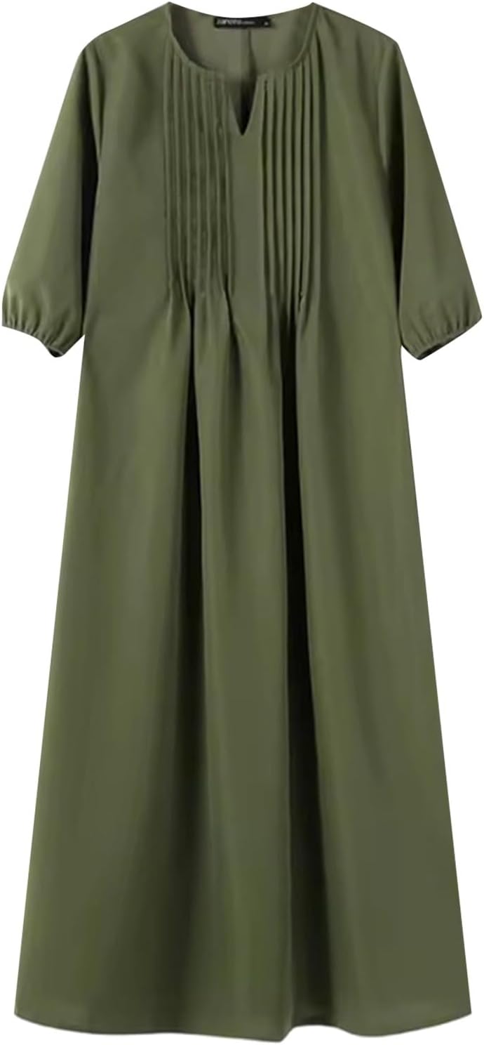 Women's Vintage Robe 3/4 Sleeve Summer Oversize Loose Solid Elegant Midi Streetwear Dress