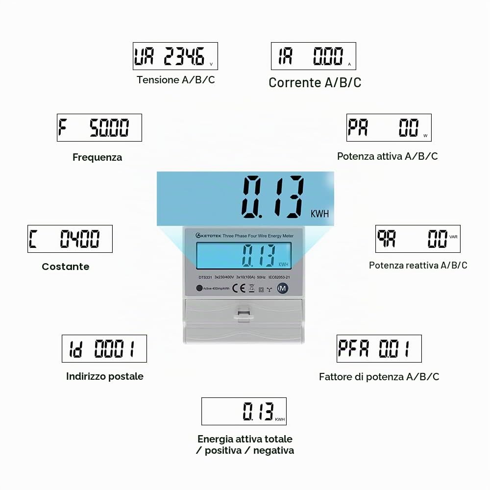 KETOTEK Contatore elettrico trifase AC Amp Volt Potenza Energia Monitor Top Hat Guida DIN Wattmetro bidirezionale Consumo energetico Ingresso Uscita kWh 3x230V/400V 10(100) A 50/60Hz DTS331