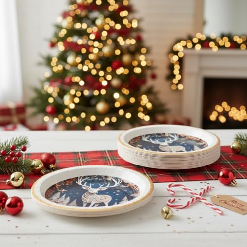 Image of Wanna Party Reindeer Christmas Paper Plates Pack of 8 for Xmas Dinnerware Serving for Xmas Holiday Party