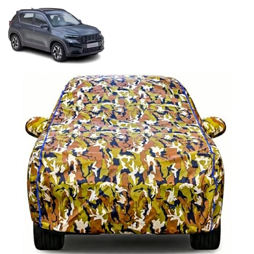 Image of Waterproof Car Body Cover for Kia Sonet with Mirror Pocket| Cotton Inner Lining | Triple Stitched | All Weather Protection | Dust, UV & Rain Proof (Camouflage with Blue Piping)