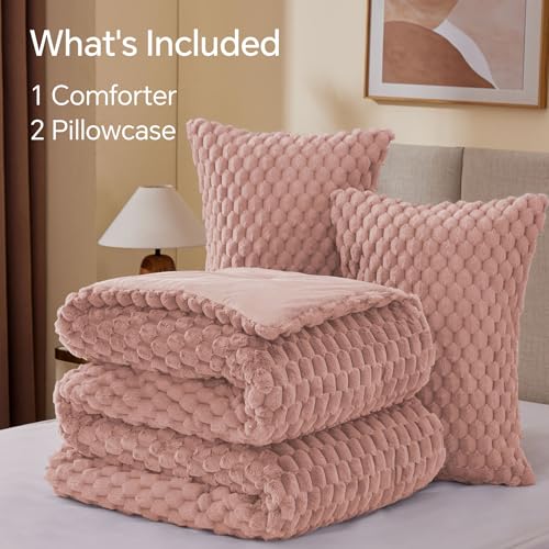 Image of BEDELITE Fluffy King Size Comforter Set - Dusty Pink Fleece Soft Comforter for King Size Bed, Luxury Warm Bedding Set for Winter, Fuzzy Bed Set 3 Pieces (1 Comforter, 2 Pillowcases)