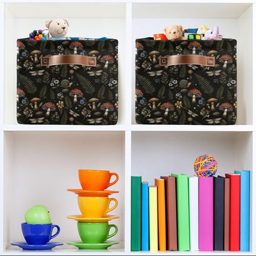Image of Mushroom Botanical Storage Basket Fabric Kitchen Baskets Dragonfly Berry Flowers Fern Open Home Storage Bins Boxes Foldable Organizer Bag for Baby Cloth Pet Toy Book Shelf Closet Baskets 16x12x8 IN