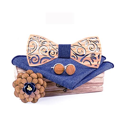 HZQIFEI Noeud Papillon Bois, Ensemble 4 Pièces Noeud Papillon en Bois + Boutons de manchette + Broche + Carré de Poche, Accessoire Mode (Style#20)