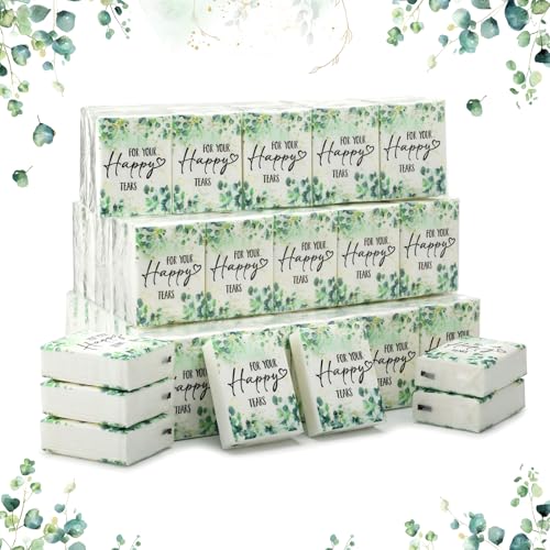 NatNarr 100 Pcs Happy Tears Tissue 3 Ply Eucalyptus Leave Wedding Tissues Guests Pocket Paper Mini Travel Facial Tissue Welcome Bag Stuffers for Party Favor Graduation