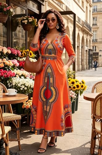 Image of VisiChenup African Print Dress for Women Casual Midi Dress