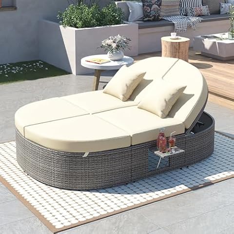 BEROXII Outdoor Sun Bed Patio 2-Person Daybed with Cushions and Pillows, Rattan Garden Reclining Chaise Lounge with Adjustable Backrests and Foldable Cup Trays for Lawn, Poolside, Patio Bed Cover