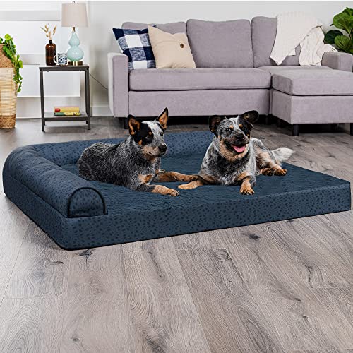 Image of Furhaven Cooling Gel Dog Bed for Large Dogs w / Removable Bolsters & Washable Cover, For Dogs Up to 125 lbs - Plush & Almond Print L Shaped Chaise - Blue Almonds, Jumbo Plus /XXL